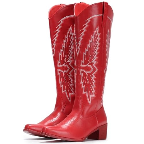 IUV Women's Knee High Western Pointy Toe Cowgirl Boots Chunky Heel Zipper — Red
