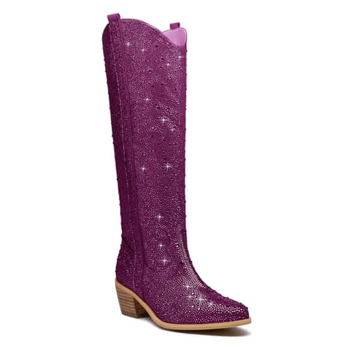 KEEISEA Women's Sparkle Rhinestone Cowboy Boots Wide Glitter Fashion Party — Knee-high Burgundy