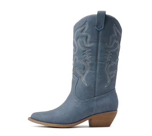 All-White Soda Red Knee High Cowboy Boots with Pull-On Tabs — Blue Denim