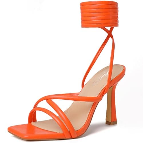 Mostrin Women's Strappy Heels Lace Up Square Toe High Heeled Sandals for Prom, Party & Daily Wear — Orange