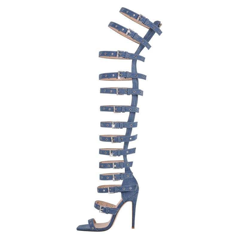 LISHAN Women's Knee High Open Toe Criss Cross Stiletto Heels Sandals — Denim Blue
