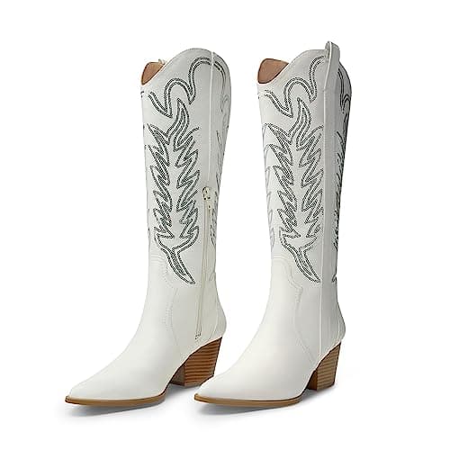 Comfortable Women's Arromic Embroidered Knee High Western Cowgirl Boots — White Sequin