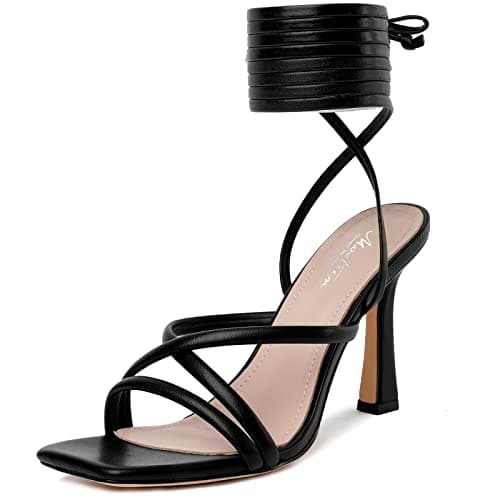 Mostrin Women's Strappy Heels Lace Up Square Toe High Heeled Sandals for Prom, Party & Daily Wear — Black2