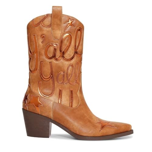 HOCHFART Women's Mid-Calf Metallic Cowboy BootsFashion Embroidery Pull-On — Brown