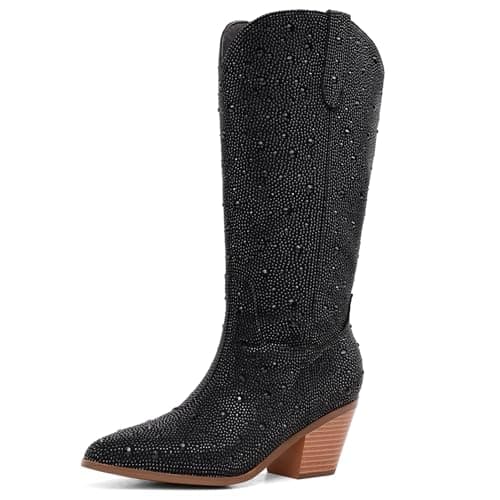 RONILURN Women's Cowgirl Ankle Boots with Rhinestone Heel — Mid Calf Black