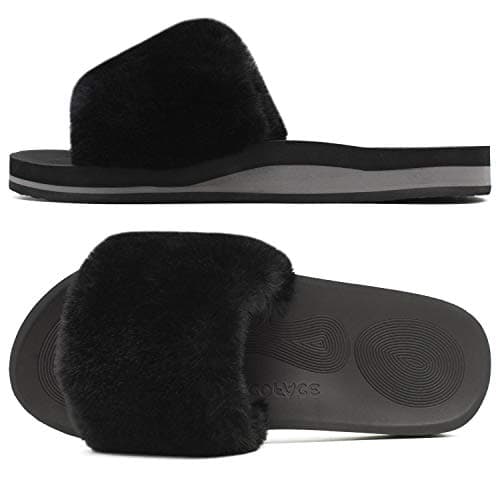 COFACE Women's Memory Foam Plush Slip-On Slippers Anti-Skid Fur Indoor Outdoor — Black