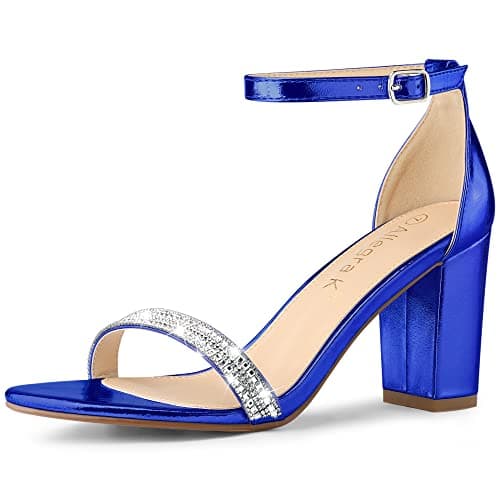 Allegra K Women's Rhinestone Ankle Strap Chunky Heels — Deep Blue