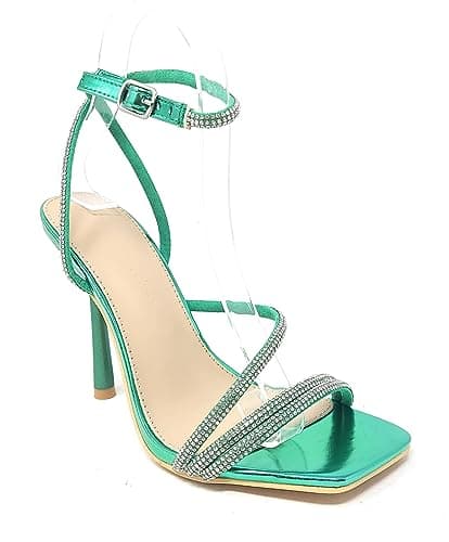 Narala Wild Diva Women's Square Toe Rhinestone Embellished Stiletto Heels — Green Mpu