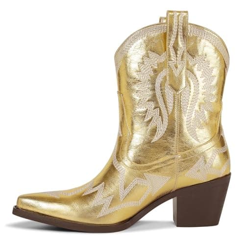 Western Metallic Embroidered Boots for Women - HOCHFART Wide Calf Heel Pull-OnCowgirl — Gold