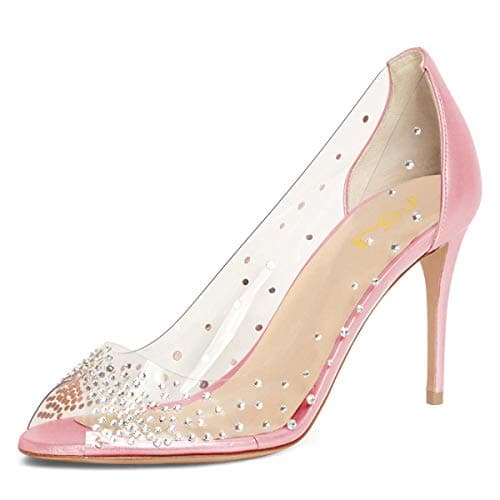 FSJ Women's Studded Pointed Toe Transparent High Heels with Bowknot US 4-15 M — Light Pink-12