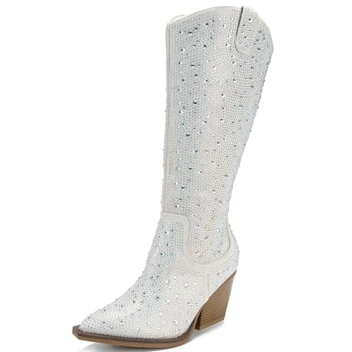 TPBKGVUW Women's Sparkly Rhinestone Knee High Cowgirl Boots — White Rhinestone