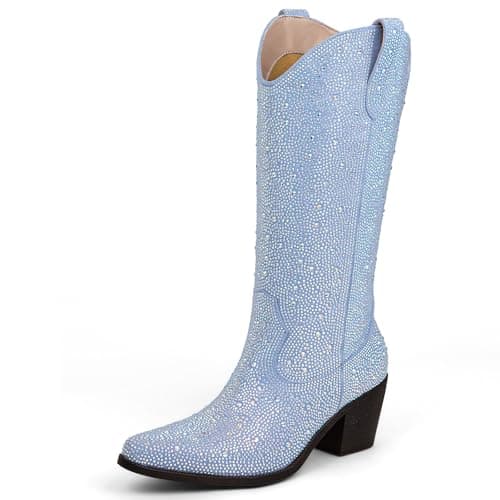 MissMiller Women's Sparkly Rhinestone Mid-Calf Cowboy Boots with Pull-On Tabs — Blue Ab