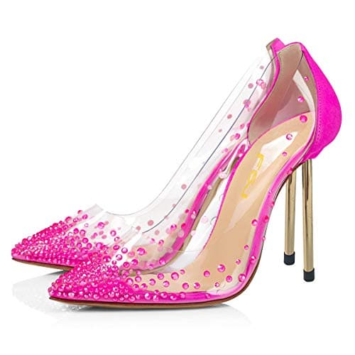 FSJ Women's Studded Pointed Toe Transparent High Heels with Bowknot US 4-15 M — Fuchsia