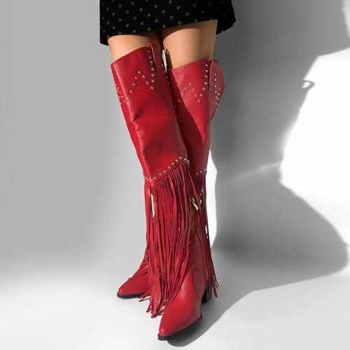 Richealnini Fringe Thigh High Zip-Up Western Boots