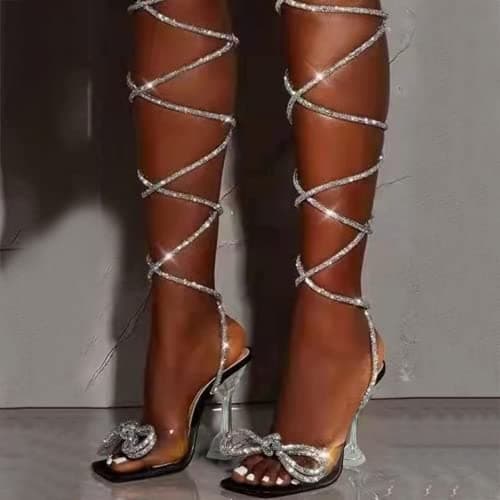 ZBYY Women's Lace Up Rhinestones High Heel Sandals for Dress Party Wedding