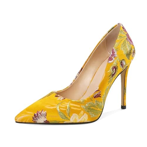 Eldof Women's Classic 4" Stiletto Heel Dress Pumps, Size 5-13 — Embroidered Yellow