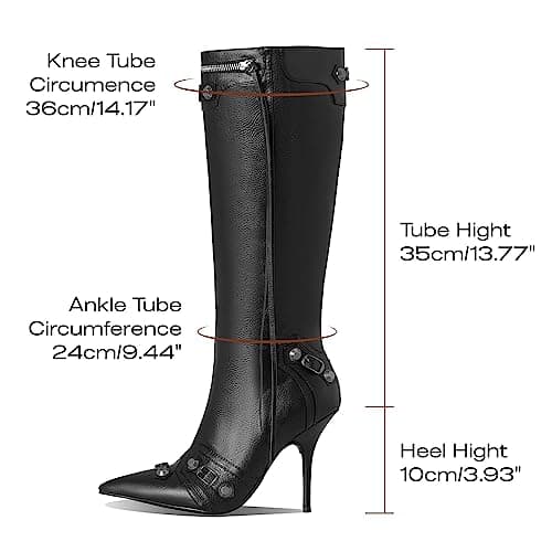 VOMIRA Pointed Toe Rivets Tassels Knee High Stilettos for Women