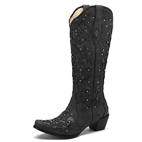SaraIris Black Cowgirl Booties for Women Knee High Rhinestones
