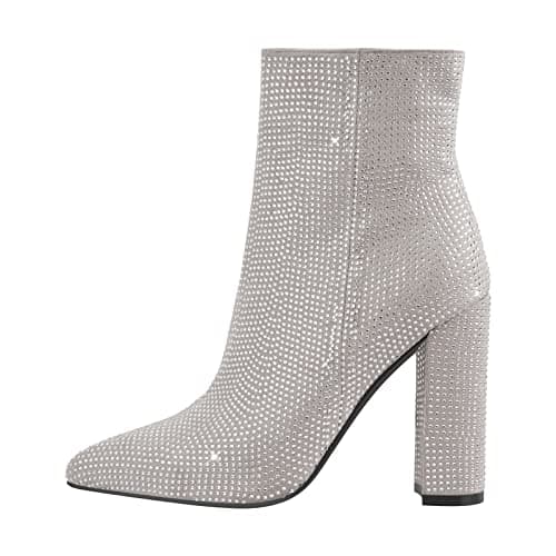 Richealnana Women's Rhinestone Block Heel Knee-High Boots — Silver-short