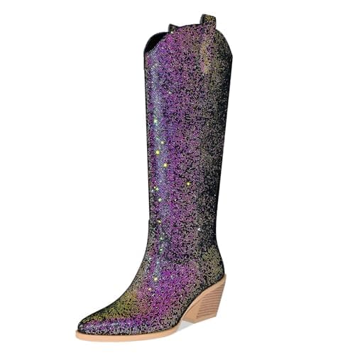 Gothictor Sparkly Knee High Cowboy Boots for Women — Purple