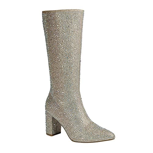 ABSOLEX Women's Pointed Toe Rhinestone Knee High Boot — Champagne