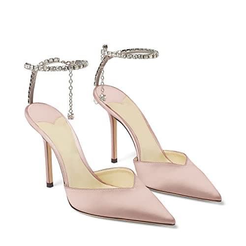 LauraVicci Women's Crystal Chain Heeled Sandals with Rhinestones Buckle Satin Shoes — Nude Satin