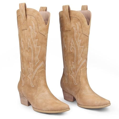Zzheels Women's Mid-calf Cowboy Boot Embroidered Pointy Toe Cowgirl Heels — Tan