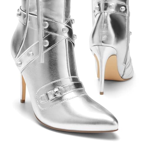Dream Pairs Women's Metallic Knee High Stiletto Heeled Pointed Toe Dress Boots with Stud Zip Tassel