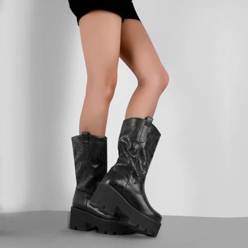 Rich heel Mid Calf Booties for Women Embroidered Knee-High Boots