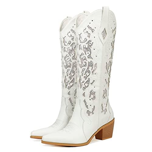 KiutSymo Sparkly Vintage Embroidered Cowgirl Boots Mid Calf Heel Wedding Western