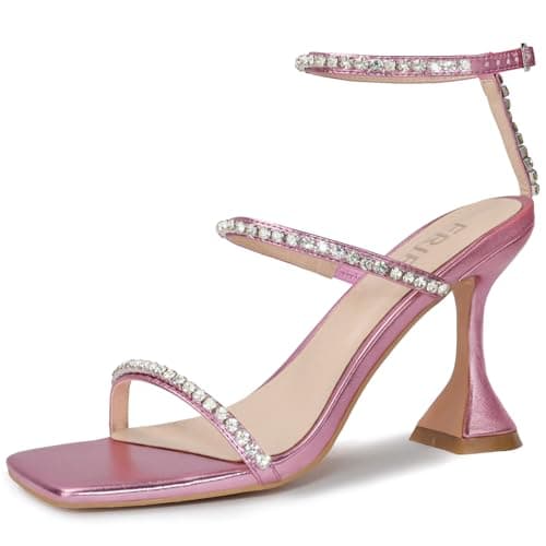 FRJR Women's Sparkly Rhinestone Kitten Heel Sandals with Stiletto Strap for Party Prom Wedding — Pink