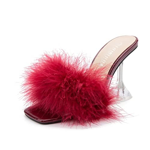 LIURUIJIA Women's Fluffy High Heels for Wedding Party — Wine Red