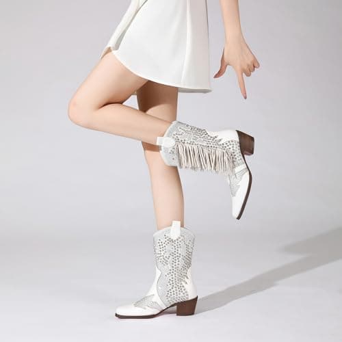 Western Women's Pointed Toe Rhinestone Ankle Boots with Tassels