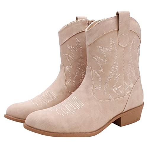 PEPPEP Collection Western Cowgirl Boots for Women, Vegan Leather, Embroidered Mid Calf Heel — Tan