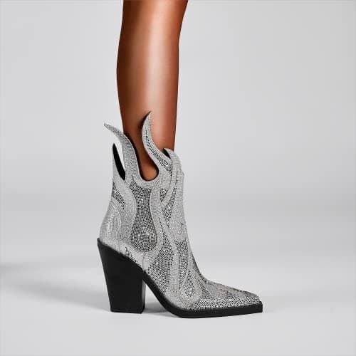 Feinlina Women's Sparkly Rhinestone Flame Heeled Boots