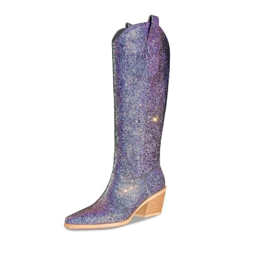 Gothictor Sparkly Knee High Cowboy Boots for Women