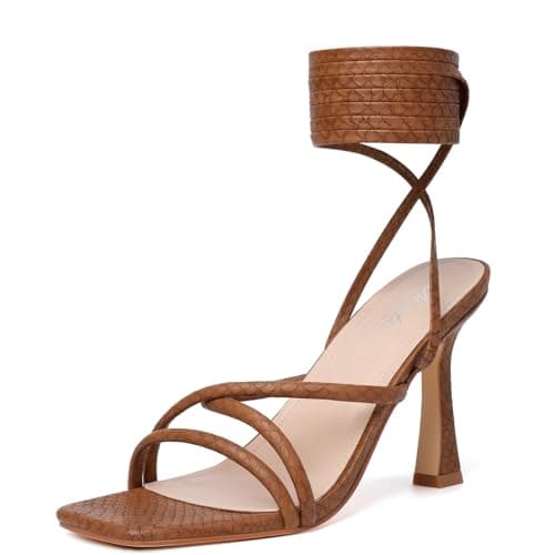 Mostrin Women's Strappy Heels Lace Up Square Toe High Heeled Sandals for Prom, Party & Daily Wear — Brown