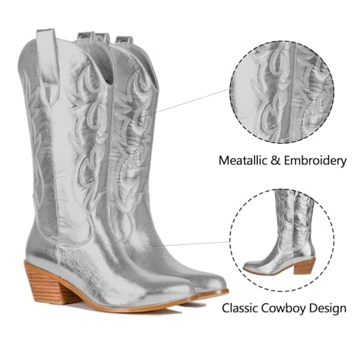 Ouepiano Women's Western Embroidered Booties, Mid Calf Pointed Toe Chunky Heel Pull-On Boots