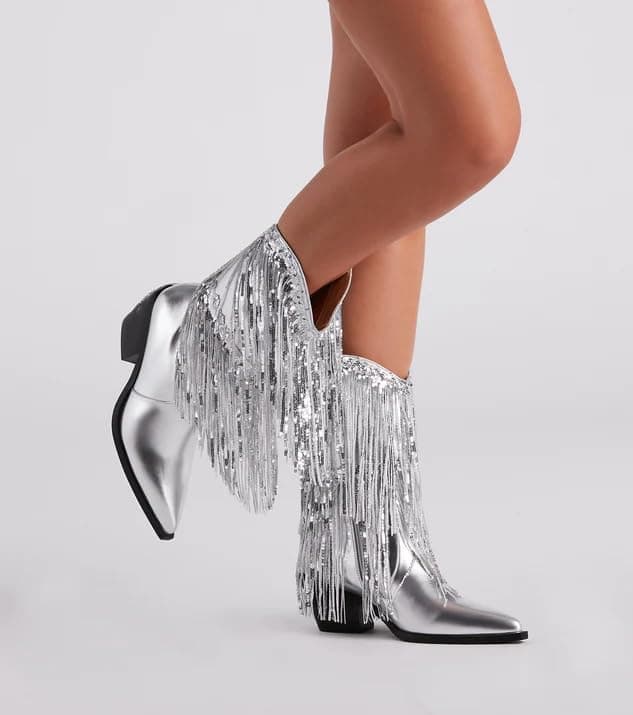 BIUBAKUA Women's Metallic Fringe Cowboy Boots with Tassels