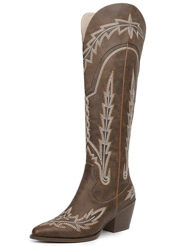 Red RONILURN Women's Cowboy Boot Mid Calf Embroidered Pointed Toe Pull-On Boot — Brown Knee High