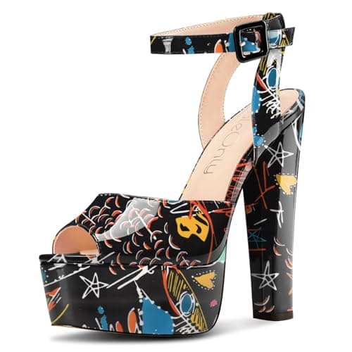 NobleOnly Chunky Heel Ankle Strap Sandals for Women Wedding Party Prom 5.9 Inches — Black Doodle