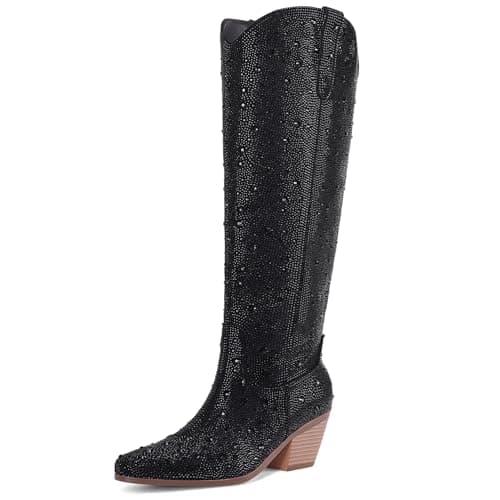 RONILURN Women's Cowgirl Ankle Boots with Rhinestone Heel — Knee High Black