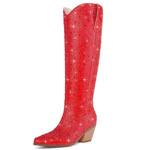 RONILURN Women's Cowgirl Ankle Boots with Rhinestone Heel — Knee High Red