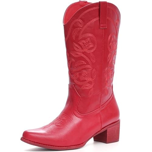 IXU Women's Wide Calf Pointy Toe Mid Calf Western Boots — Red