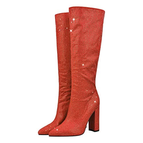 OnlyMaker Glitter Rhinestone Knee High Booties Chunky Heels Pull-OnToe — Orange
