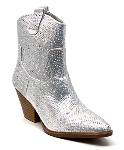 Forever Women's Rhinestone Chunky Ankle Bootie — Silver Rhinestone-01