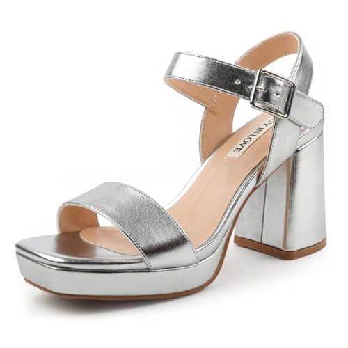 JOY IN LOVE Women's Chunky Platform Heels Ankle Strap Sandals — Silver Matte