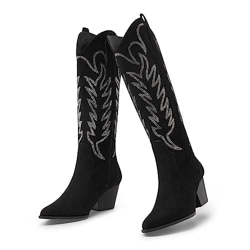 Comfortable Women's Arromic Embroidered Knee High Western Cowgirl Boots — Black Rhinestones