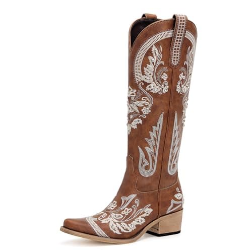 Western Cowboy Boots for Women Embroidered Rhinestones Knee High Boot — Brown