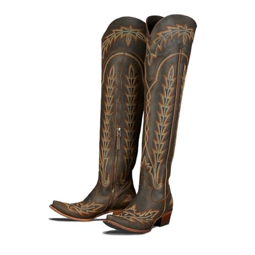 Beautiful Embroidered Cowgirl Boots for Women - Thigh High Western Style Zipper Heel — Brown